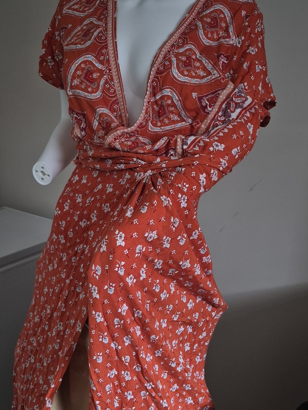 Rust Floral Maxi Wrap Dress with Tie Waist - Boho Floral Maxi